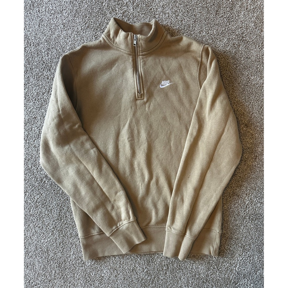 Nike Club Fleece Quarter Zip Pullover Sweatshirt Mens Small Tan Embroidered